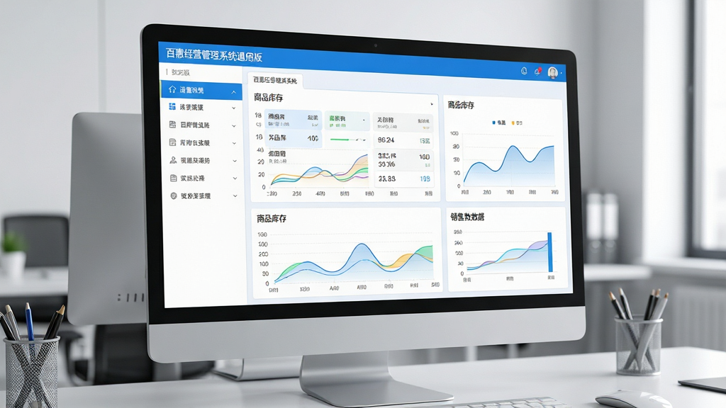 主体:百惠经营管理系统通用版在现代化办公室电脑屏幕上运行的界面特写。布局:画面中央是软件主界面,左侧清晰显示功能菜单栏,右侧展示商品库存与销售数据图表。排版:采用左右结构,屏幕占比约70%,周围有整洁的办公桌面环境。风格:写实科技风,界面UI清晰明亮,蓝白主色调。细节:屏幕中隐约可见“百惠经营管理系统通用版”字样,数据图表线条流畅,整体氛围专业高效。画质:4K超清,细节丰富,画面干净无多余元素。