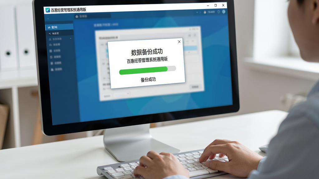 主体:用户正在电脑上操作百惠经营管理系统通用版,屏幕显示“数据备份成功”的弹窗。布局:用户双手放在键盘上,屏幕中央可见备份进度条完成状态,桌面整洁。排版:特写镜头,屏幕内容清晰可见。风格:写实生活风,光线柔和自然。细节:屏幕显示“百惠经营管理系统通用版”主界面,备份成功提示框醒目,整体氛围安心可靠。画质:高清,色彩真实,画面干净无杂乱元素。