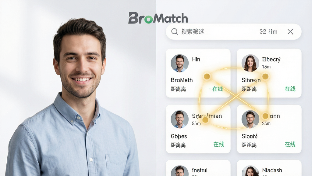 主体:BroMatch交友软件的“智能匹配”功能预览。布局:左侧为一位微笑的男性用户半身像,右侧是并排的多个用户资料卡片,卡片间有金色光线连接,代表匹配成功,顶部有搜索筛选栏。排版:左右分栏式布局,资料卡片大小统一,整齐排列。风格:清爽的浅色商务风格,搭配柔和的光影效果。细节:卡片上显示头像、昵称、距离与“在线”绿点,顶部有一个“BroMatch”的Logo水印。画质:高分辨率,干净,无多余元素。
