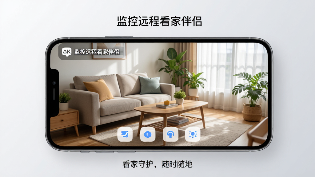 主体:智能手机屏幕展示监控远程看家伴侣的实时监控画面,画面中显示温馨的家庭客厅场景,有沙发、茶几和绿植,画面清晰流畅,左上角显示“监控远程看家伴侣”字样和品牌logo,下方有功能按钮图标。布局:手机屏幕居中,背景为浅灰色渐变,屏幕内显示监控画面,画面比例16:9,UI界面简洁现代。排版:手机屏幕为视觉中心,周围留白,突出软件界面,文字“监控远程看家伴侣”和“看家守护,随时随地”位于屏幕上方和下方。风格:科技感与家庭温馨感结合,色彩明亮柔和,画面干净。细节:画面无噪点,光线充足,色彩真实,UI图标清晰。画质:8K超高清,干净,无多余元素。