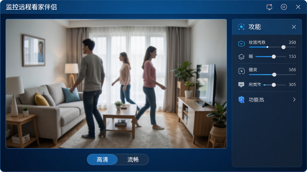 主体:高清视频监控画面,显示监控远程看家伴侣软件界面中的家庭客厅实时画面,画面中有清晰的人物走动,右侧有视频参数调节面板。布局:界面左侧为监控画面,右侧为功能设置栏,整体横向排列,背景为科技蓝。排版:监控画面占屏幕70%,右侧设置栏占30%,画面底部有“高清”、“流畅”切换按钮。风格:科技感,界面简洁专业,色彩明亮。细节:画面无拖影,人物动作流畅,UI图标精细,文字“监控远程看家伴侣”显示在左上角。画质:超清,干净,无多余元素。