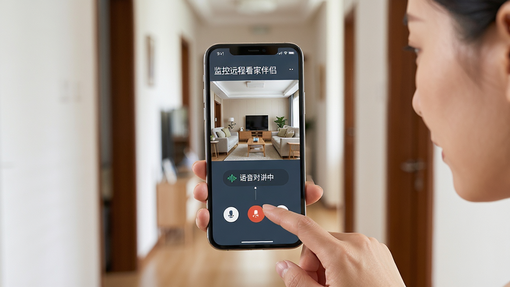 主体:用户正在使用手机查看监控远程看家伴侣的实时画面,手机界面显示家中客厅的清晰视频,同时用户正在点击语音对讲按钮。布局:用户手持手机,手机屏幕清晰显示软件界面,背景为家庭走廊,画面有轻微景深效果。排版:手机作为视觉焦点居中,用户的手部动作自然,屏幕上的文字“监控远程看家伴侣”和“语音对讲中”清晰可见。风格:写实生活化,明亮色调,突出软件操作简便。细节:手机屏幕无反光,视频画面清晰,用户表情专注。画质:高清,干净,无多余元素。