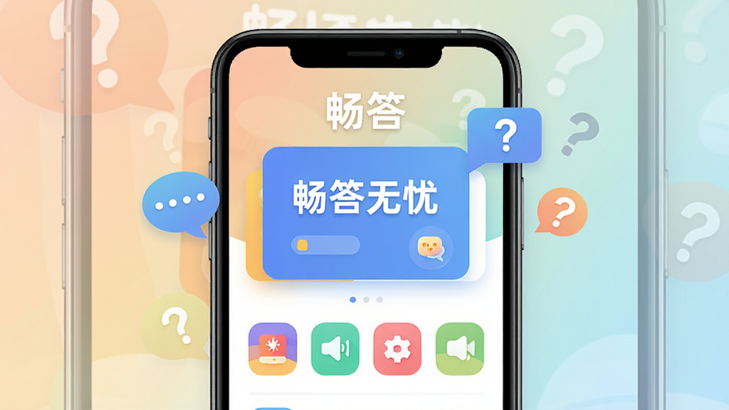 画面主体为一部智能手机屏幕特写,屏幕上显示“畅答无忧”应用界面,界面中有醒目的问答卡片和彩色分类图标,背景为柔和的渐变色,配有对话气泡和问号元素,整体布局居中,排版清爽,扁平化风格,细节丰富,画质高清干净,无多余元素