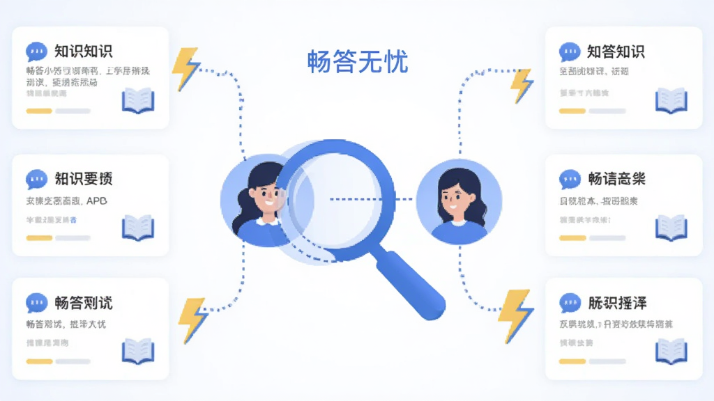 主体为“畅答无忧”APP的问答匹配界面,中央有放大镜图标连接两个人物头像,周围分布着知识卡片与闪电符号,版面左右对称,排版有序,采用科技蓝与白色为主色调,扁平插画风格,细节清晰,画质干净