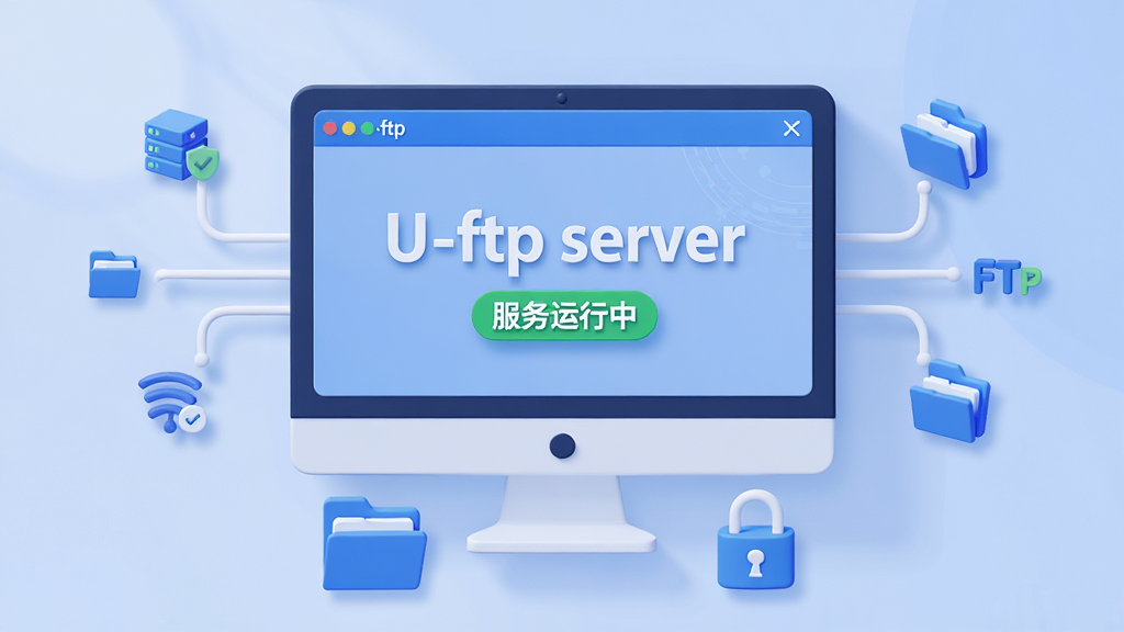 主体:一台运行着U-ftp server软件的电脑屏幕,界面清晰显示FTP服务已启动;布局:电脑屏幕占画面中央,周围有简洁的网络连接线条和数据流向图标;排版:屏幕内容占视觉重点,下方有文件夹图标和锁形图标;风格:现代扁平化结合轻微3D效果,色彩以蓝色和白色为主,体现科技与安全;细节:屏幕中显示“U-ftp server”字样和“服务运行中”状态标签,光线柔和;画质:高清渲染,干净,无多余元素。