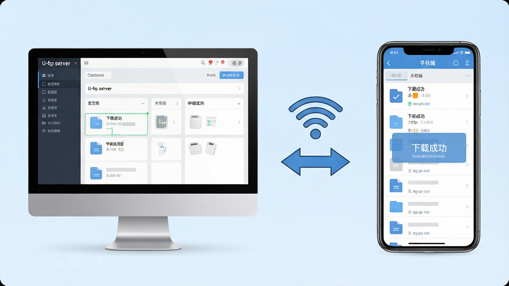 主体:电脑端和手机端同时连接到U-ftp server的示意图,电脑屏幕显示管理后台,手机屏幕显示文件列表;布局:左右分屏,左侧是电脑,右侧是手机,中间有Wi-Fi图标和双向箭头;排版:设备比例协调,界面元素清晰可辨;风格:现代插画风,背景为浅蓝渐变,设备为写实风格;细节:电脑屏幕上显示“U-ftp server”控制台,手机屏幕上出现“下载成功”提示;画质:高清,干净,无多余元素。