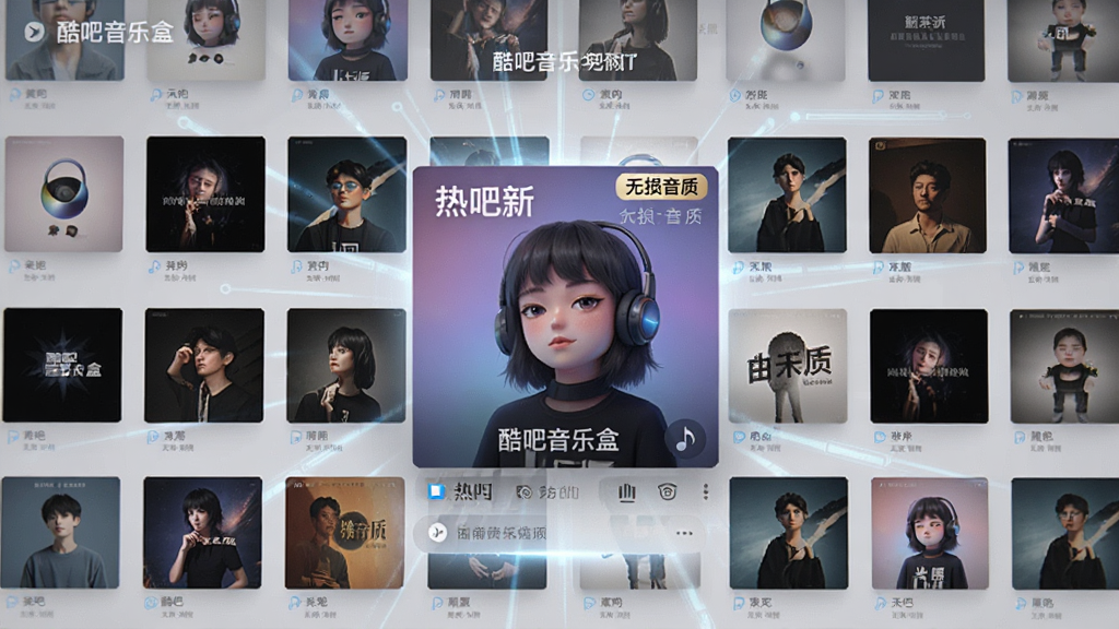 俯视视角展示酷吧音乐盒的曲库资源页面,屏幕上排列着密集的专辑封面,中央放大显示一张热门新专辑,界面有“无损音质”标签,背景为浅灰色科技感光效,画质细腻,凸显“酷吧音乐盒”的丰富资源与专业感。