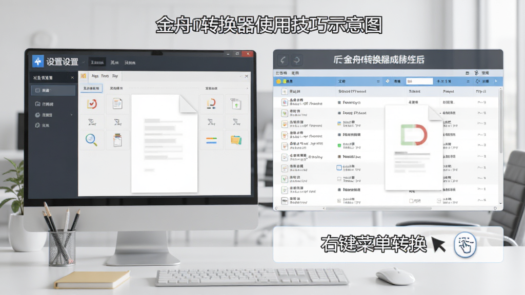 金舟OFD转换器使用技巧示意图,屏幕左侧为软件设置面板,右侧为转换成功后的文件列表,下方有“右键菜单转换”的快捷方式提示,整体风格简洁,现代办公风,画质干净。
