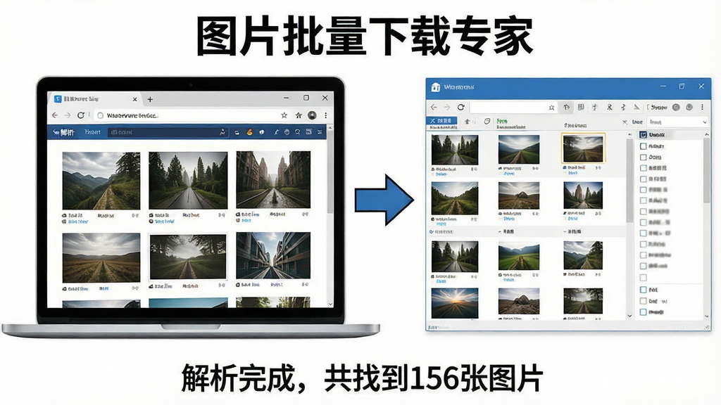 主体:笔记本电脑屏幕上显示图片批量下载专家软件,正在解析一个图片网站页面。布局:左侧是浏览器窗口,右侧是软件界面,中间有箭头指向。排版:左右对照式,底部有“解析完成,共找到156张图片”提示。风格:清晰直观,背景为纯白。细节:浏览器窗口内有多张图片,软件界面显示图片列表和复选框。画质:高清,干净,无多余元素。带文字“图片批量下载专家”。