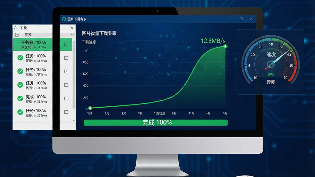主体:电脑屏幕显示图片批量下载专家软件的下载速度曲线图,数字飙升。布局:曲线图占据中央,左侧有任务列表,右侧有速度仪表盘。排版:简洁数据可视化,底部有“完成 100%”字样。风格:科技感,深蓝背景。细节:曲线为绿色,峰值显示“12.8MB/s”,任务列表打勾。画质:高清,干净,无多余元素。带文字“图片批量下载专家”。