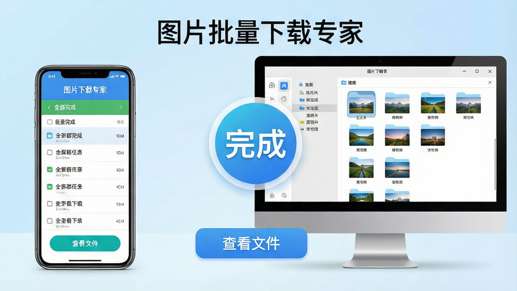 主体:手机与电脑并排,屏幕上显示图片批量下载专家软件下载完成界面。布局:手机在左,电脑在右,中央有“完成”图标。排版:对称式,底部有“查看文件”按钮。风格:明亮简洁,背景为浅蓝渐变。细节:手机屏幕显示任务列表全部完成,电脑屏幕显示文件夹中图片文件。画质:高清,干净,无多余元素。带文字“图片批量下载专家”。