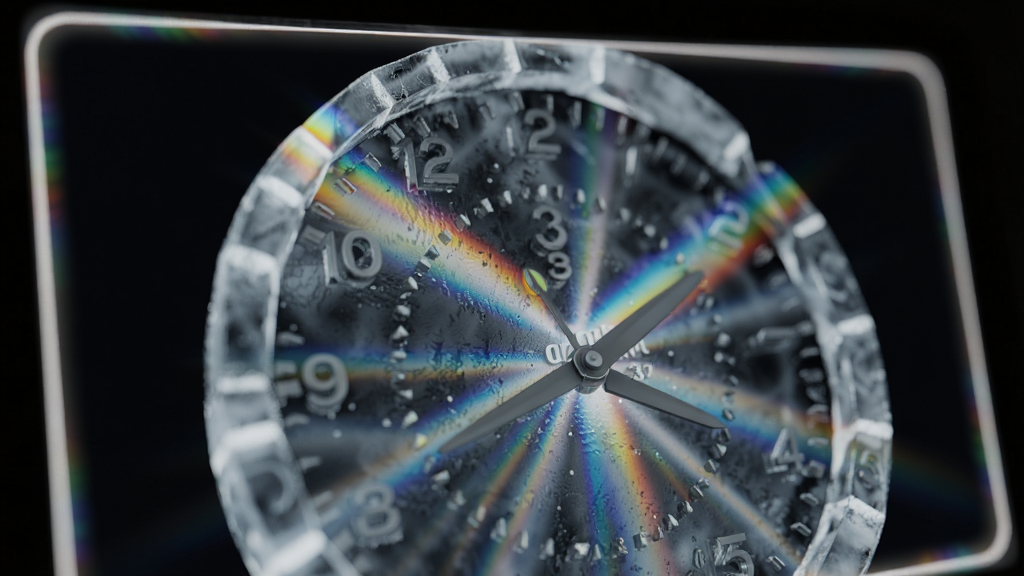 主体:电脑屏幕特写,屏幕上显示Ice Clock 3D屏保的冰晶表盘局部,光线穿过冰体形成彩虹色散。布局:屏幕占画面主体,周围环境暗化突出屏幕。排版:对角线构图,表盘位于屏幕中央。风格:写实屏摄风格,浅景深。细节:冰晶纹理清晰,光线色散明显,屏幕边缘有微弱泛光。画质:4K超清,细腻真实,无多余元素。