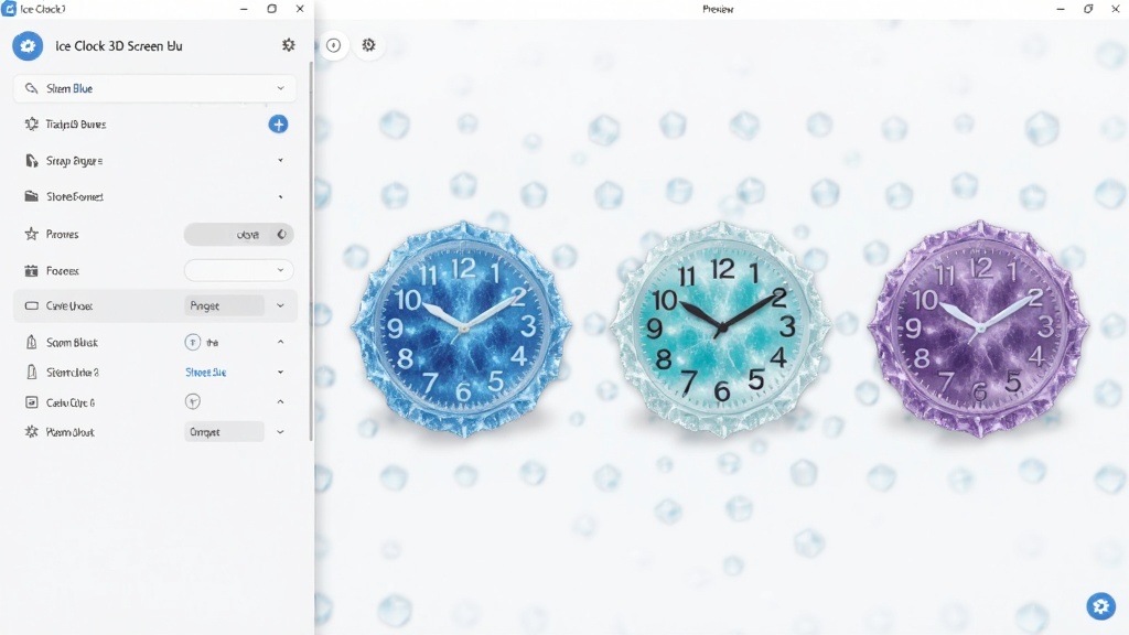 主体:同一款Ice Clock 3D屏保软件界面,左侧为设置面板,右侧展示三种不同冰色主题的时钟预览。布局:左右分栏,预览区居中排列三个时钟模型。排版:简洁功能区与华丽预览区对比。风格:UI界面截图风格,明亮背景。细节:设置选项清晰,主题色分别为透蓝、青白、紫晶。画质:高清界面,干净利落,无多余元素。