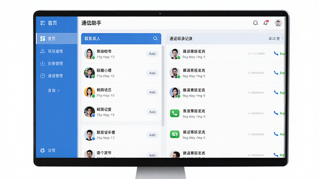 通信助手软件主界面预览图,展示联系人列表和通话记录管理功能,界面风格简洁现代,左侧为功能导航栏,右侧为详细列表区域,整体采用蓝白配色,排版清晰有序,画质高清,干净无多余元素