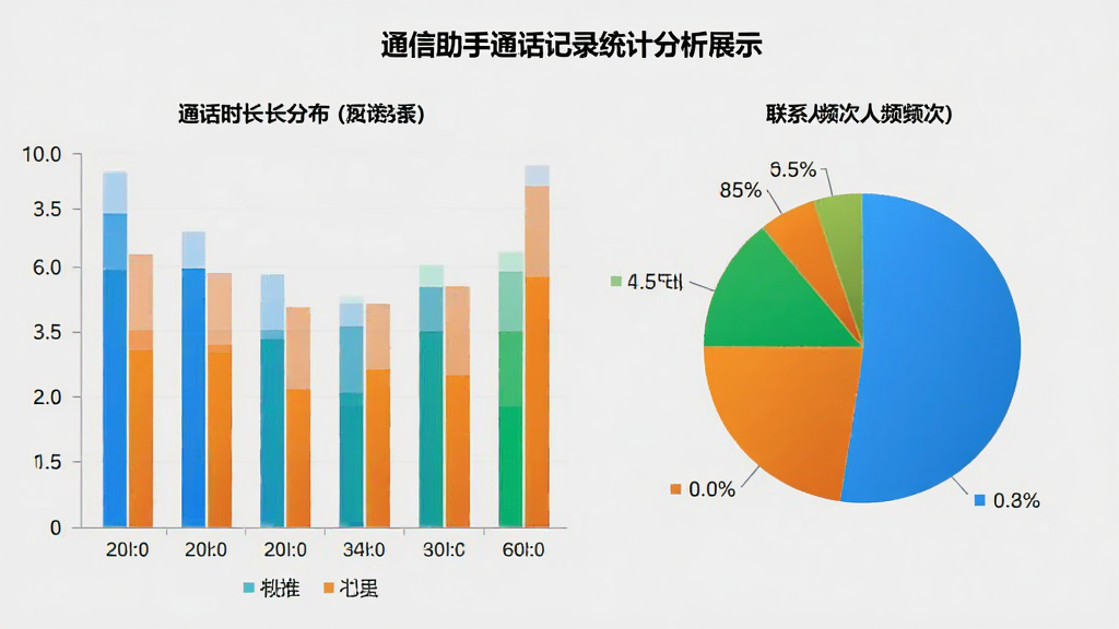 通信助手通话记录统计分析图表展示,包含柱状图和饼图,展示通话时长分布和联系人频次,背景为浅灰底色,图表色彩鲜明,排版专业,画质清晰,干净无多余元素