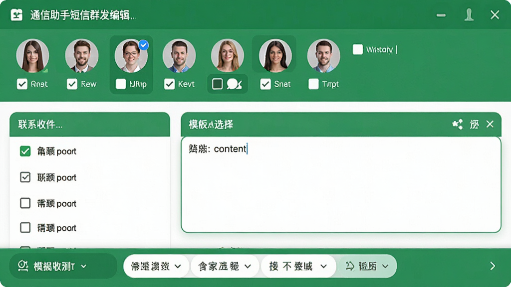 通信助手短信群发编辑界面,展示收件人列表和短信内容输入框,上方为联系人勾选区域,下方为模板选择栏,整体界面以绿色为主色调,排版清晰,画质高清,干净无多余元素