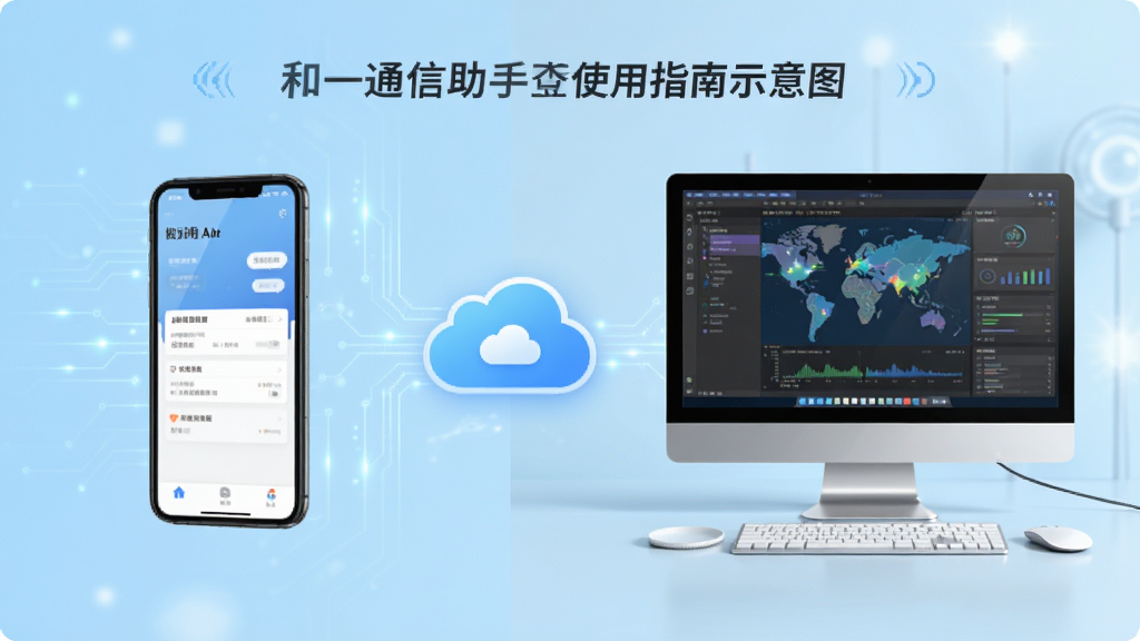 通信助手使用指南示意图,展示手机与电脑同步操作场景,画面分为左右两部分,左侧为手机界面,右侧为电脑界面,中间有云朵图标连接,背景为浅蓝色渐变,整体风格科技感,排版清晰,画质高清,干净无多余元素