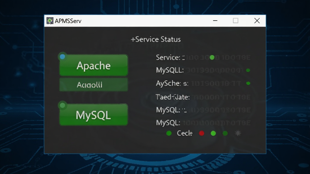一张展示APMServ主程序窗口的电脑截图,窗口内清晰显示启动Apache与MySQL的绿色按钮以及各项服务状态指示灯,背景为深蓝色科技感桌面,整体布局简洁直观,画面干净,无多余元素,凸显软件一键操作的便捷特性,画质清晰。