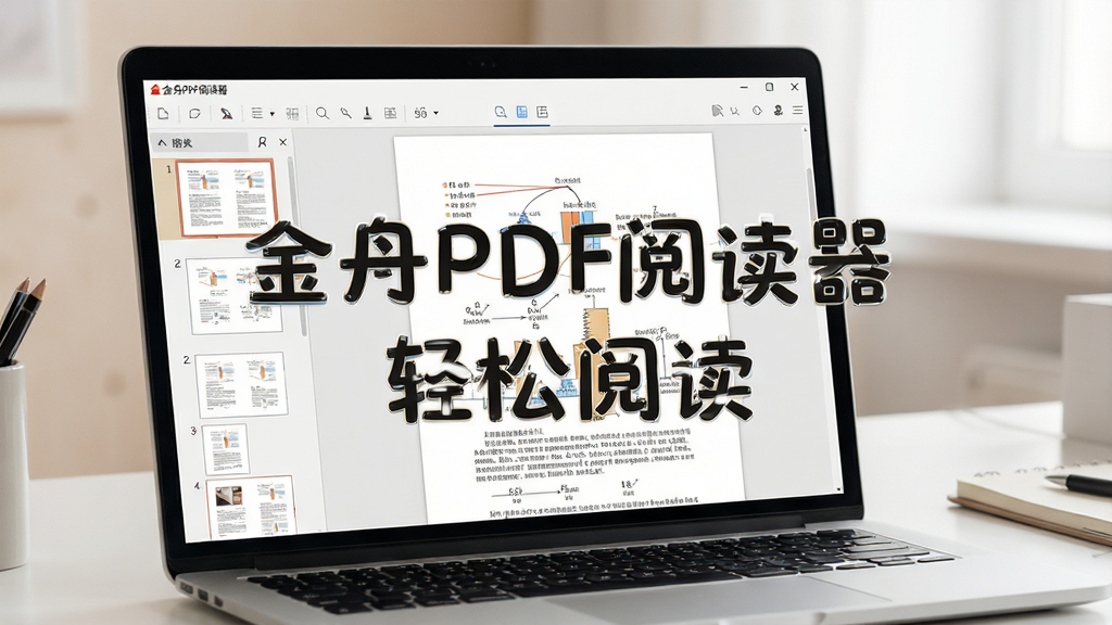 高清特写金舟PDF阅读器在笔记本电脑屏幕上打开多页PDF文档,界面布局简洁,左侧缩略图栏清晰可见,右侧显示文字与图表混排页面,背景为整洁的办公桌面,整体色调柔和,画质细腻干净,无多余元素,突出软件名