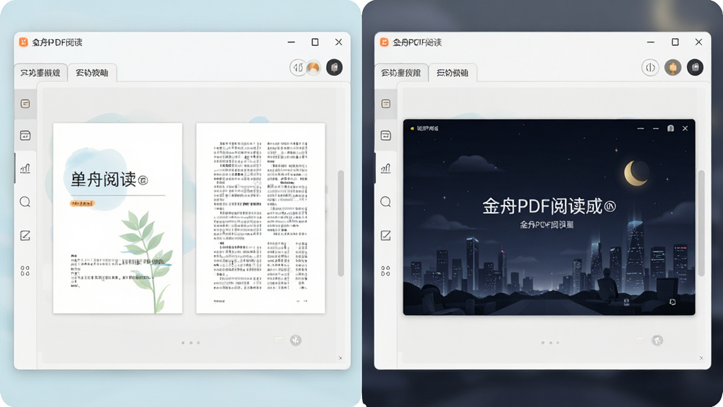 金舟PDF阅读器界面展示多标签页,分别显示单页、双页、全屏及夜间模式预览效果,窗口右上角有模式切换按钮图标,画面采用左右分屏对比设计,突出界面清爽,色彩柔和,文字清晰,画质干净无多余元素