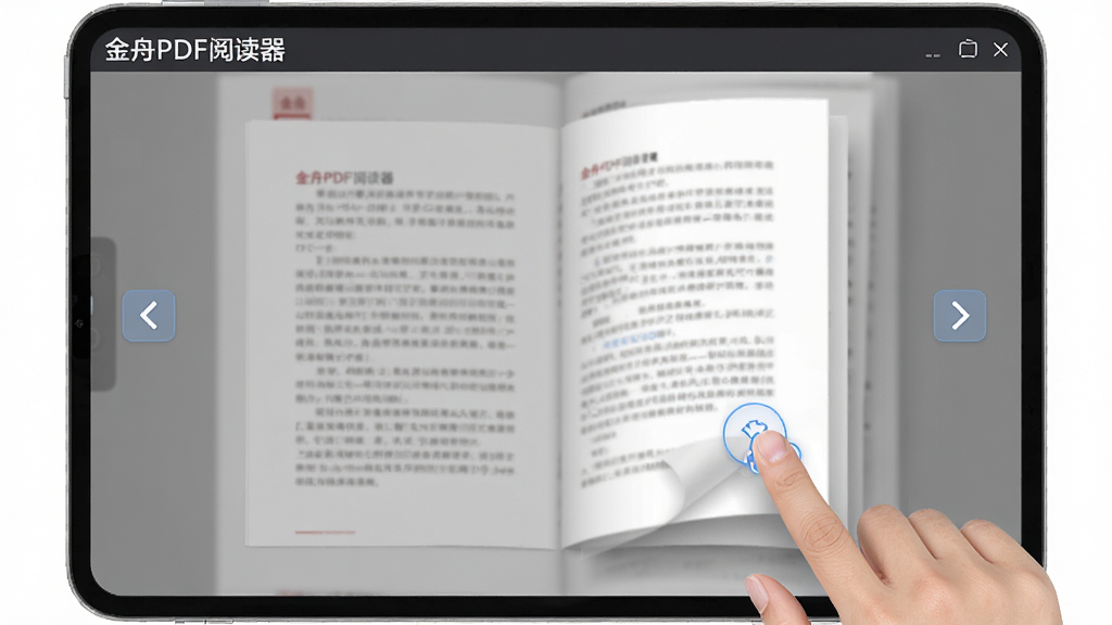 展示金舟PDF阅读器翻页动画,手指点击屏幕上的箭头图标,页面如纸张般平滑切换,背景有淡化的PDF文字层,界面元素清晰标注