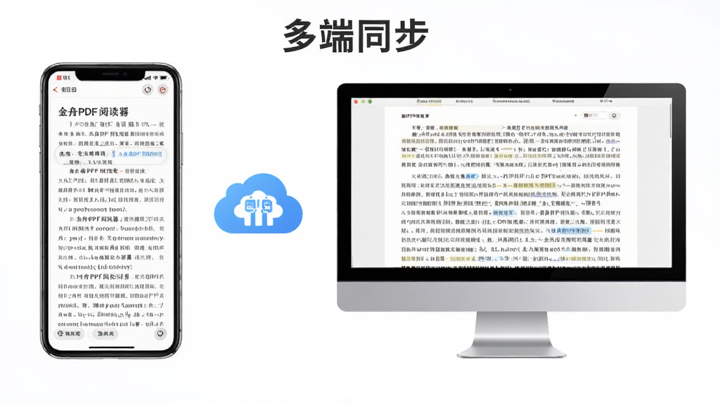 金舟PDF阅读器在手机与电脑上同步显示的对比图,左侧为智能手机竖屏阅读,右侧为电脑横屏阅读,中间用云图标连接,背景干净,画质清晰,突出“多端同步”与“金舟PDF阅读器”文字,布局简洁无多余元素