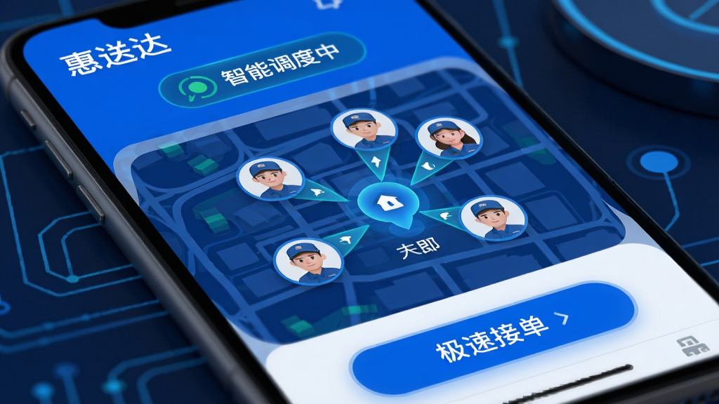 画面主体为“惠送达”APP订单匹配界面,顶部显示“智能调度中”状态,中部地图上多个配送员头像向用户位置聚拢,底部有“极速接单”按钮,整体UI设计流畅,蓝色科技感风格,画质清晰,细节丰富,无多余元素