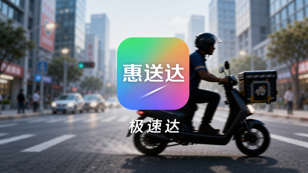 画面主体为“惠送达”APP的启动界面,居中显示彩色渐变Logo,下方有“极速达”字样,背景为模糊的城市街道,一辆电动车配送员剪影快速驶过,整体风格现代简约,色彩明亮,画质高清,干净无多余元素