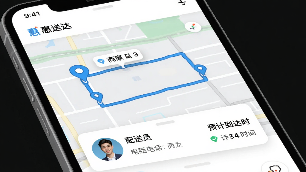 画面主体为“惠送达”APP的订单追踪页面,地图上显示配送员从商家到用户的路线轨迹,底部卡片展示配送员头像、电话和预计到达时间,整体风格清新简洁,定位图标清晰,画质高清,无多余元素