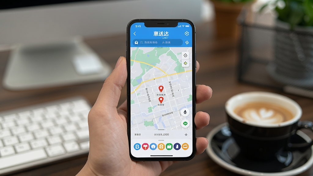 画面主体为“惠送达”APP在手机上的运行实拍,手机屏幕显示配送地图,周围有模糊的办公桌环境,旁边放着一杯咖啡,整体氛围生活化,构图居中,画质清晰,干净无多余元素