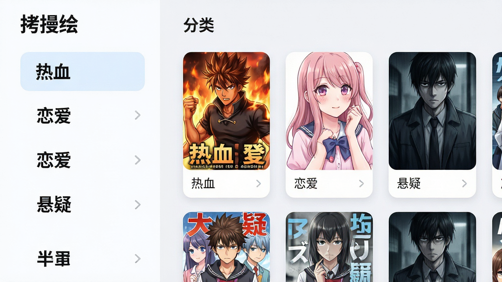 主体:拷贝漫绘应用内分类浏览界面;布局:左侧分类列表,右侧横向滑动封面缩略图;排版:清晰的列表布局,分类名称使用醒目字体;风格:清爽的浅色背景,卡片圆角设计;细节:展示“热血”、“恋爱”、“悬疑”等多个分类标签,每个标签下配有三张代表性漫画封面;画质:高分辨率,干净明亮,无多余UI干扰。
