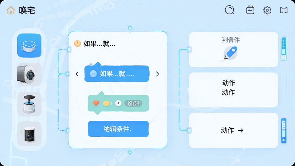 一张展示“唤宅”APP中场景编辑界面的图片,界面中有多个可拖拽的功能模块,如“如果…就…”的逻辑条件设置,左侧是设备图标,右侧是动作选项,背景为淡蓝色网格,整体风格科技感强,界面布局清晰,无多余装饰