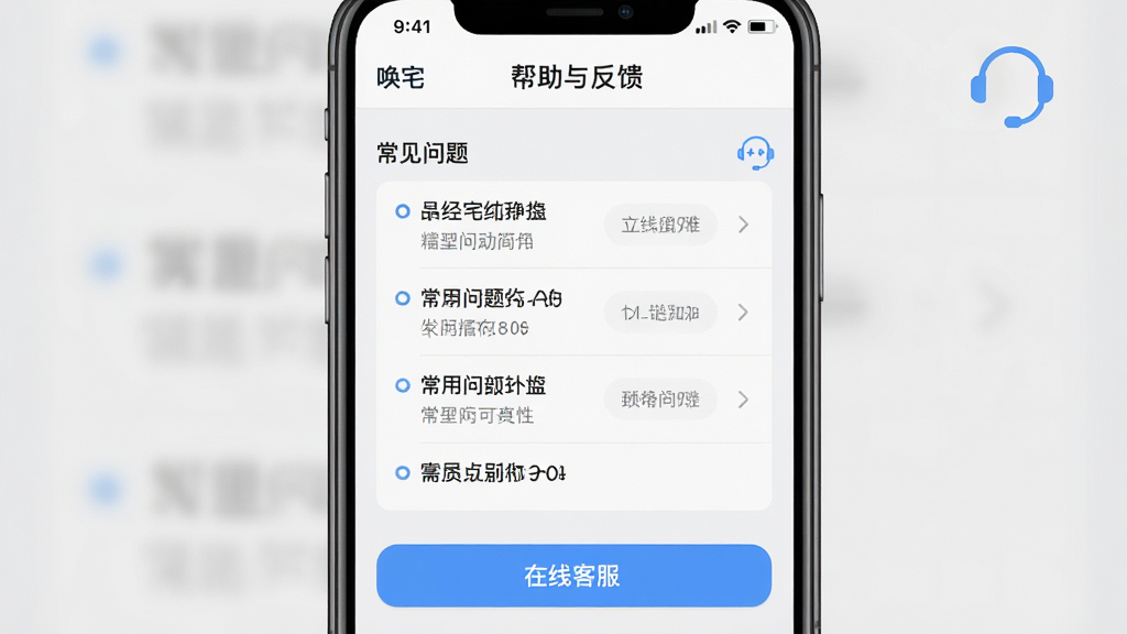 一张手机截图风格的图片,显示“唤宅”APP的“帮助与反馈”页面,页面中有常见问题列表和在线客服按钮,背景为浅灰色,界面简洁,客服图标为蓝色,无多余元素,画质干净