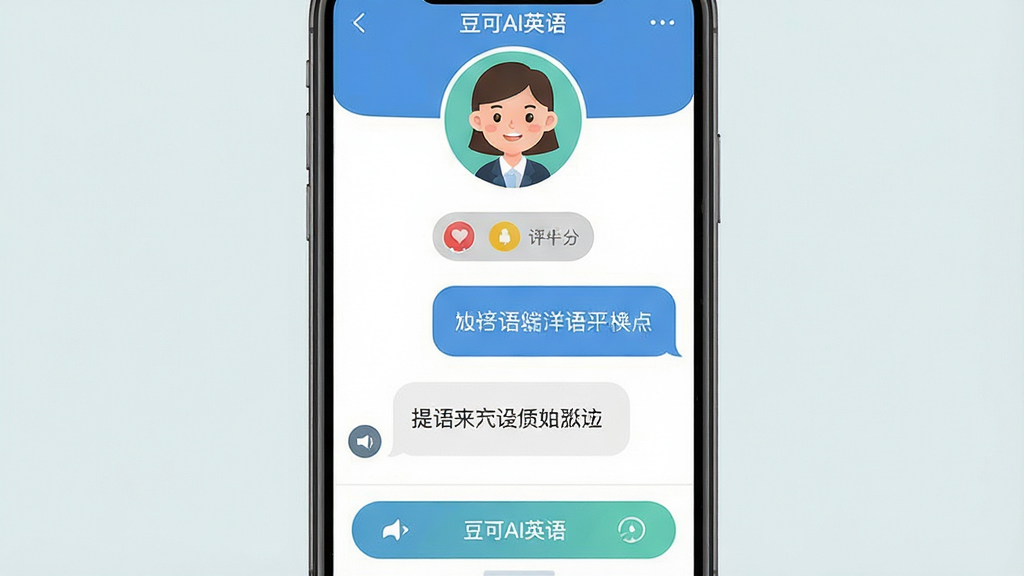一张高清手机界面截图,主体是豆可AI英语App的智能对话练习首页,展示AI虚拟外教与用户进行实时语音对话的场景,界面包含对话气泡、发音评分、提示语句。布局采用上下结构,上方是虚拟外教卡通头像,下方是对话文本与功能按钮,排版整洁清晰,风格为现代扁平化UI设计,细节需体现App名称“豆可AI英语”字样,画质高清,干净无多余元素