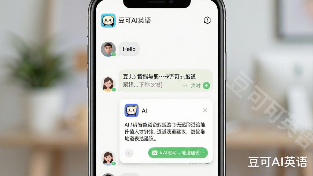 一幅豆可AI英语App的功能展示图,主体是AI外教对话界面特写,布局为手机竖屏居中展示,界面中展示用户说“Hello”后AI的智能纠错与地道表达建议。排版突出对话记录与AI回复卡片,风格清新简洁,细节需包含“豆可AI英语”Logo与水印,画质细腻高清,背景虚化,干净无多余元素