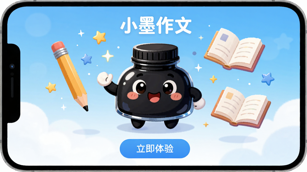 画面主体为“小墨作文”APP的欢迎界面,居中显示一个可爱的卡通墨水瓶吉祥物,周围漂浮着铅笔、书本和闪亮的星星。界面背景采用清新的蓝白渐变,底部有“立即体验”按钮。整体排版简洁明快,插画风格温暖活泼,画质高清干净,无多余元素。