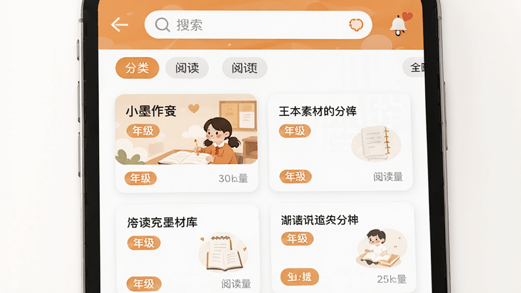 画面主体为“小墨作文”APP的范文素材库浏览页面,列表展示多篇范文卡片,每张卡片显示标题、年级标签和阅读量。界面顶部有搜索栏和分类筛选标签,整体采用暖橙色和白色配色,排版简洁明快,插画风格清新,画质高清,干净无多余元素。
