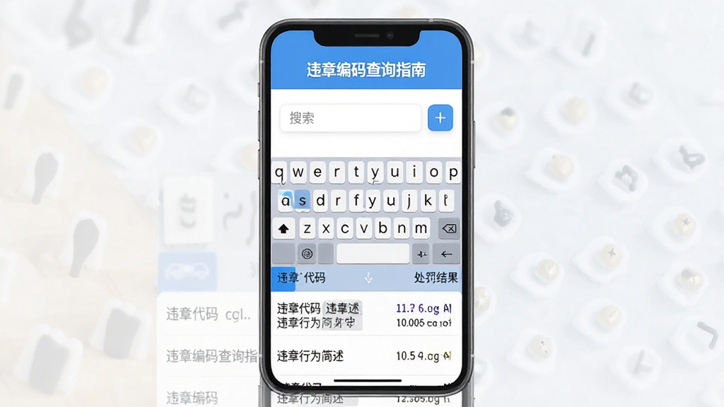 违章编码查询指南应用主界面预览图,手机竖屏显示,界面采用蓝白配色,顶部显示“违章编码查询指南”应用名称,中部为搜索框和键盘,下方列表清晰展示违章代码、违章行为简述及处罚结果,整体风格简洁现代,扁平化设计,UI元素排列整齐,画质高清,干净无多余元素