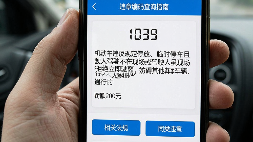 违章编码查询指南的违章详情页展示,手机界面清晰呈现违章代码“1039”,并详细列出违法行为“机动车违反规定停放、临时停车且驾驶人不在现场或驾驶人虽在现场拒绝立即驶离,妨碍其他车辆、行人通行的”,处罚结果“罚款200元”,页面下方有“相关法规”和“同类违章”按钮,界面信息层级分明,视觉风格蓝白清爽,画质清晰