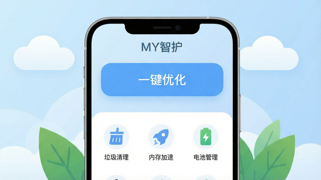 主体为一部现代智能手机屏幕特写,屏幕中显示MY智护应用主界面,界面布局清晰,上方有“一键优化”大按钮,下方分布“垃圾清理”、“内存加速”、“电池管理”等图标。背景为柔和的浅蓝色渐变,搭配白色云朵和绿色树叶元素,体现安全、智能、环保理念。整体排版干净,风格简约扁平化,画质高清,光线柔和,无多余元素