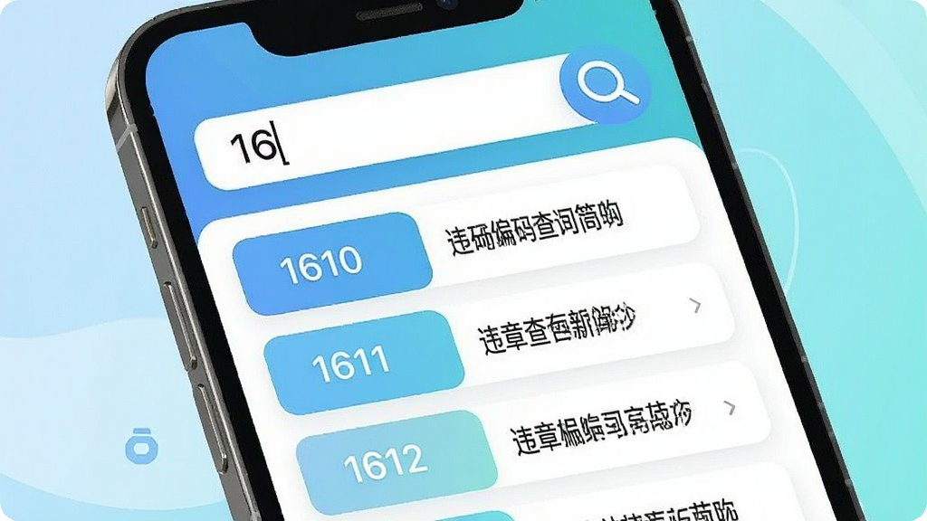 违章编码查询指南模糊搜索功能示意图,手机屏幕中搜索框内输入“16”,下方以列表形式展示“1610”、“1611”、“1612”等多个相关代码选项,每个选项右侧显示违章内容简写,界面采用卡片式布局,配有放大镜图标,整体色调清新,线条流畅,体现搜索的智能化与便捷性,画质干净