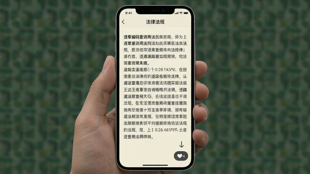 违章编码查询指南法规库界面,手机竖屏展示,界面以文本阅读为主,顶部有“法律法规”栏目标题,正文清晰展示道路交通法规条文,支持上下滑动阅读,页面背景为米白色,字体为深灰色,排版清晰,配有夜间模式切换按钮,整体风格素雅简约,方便用户长时间阅读,画质高清