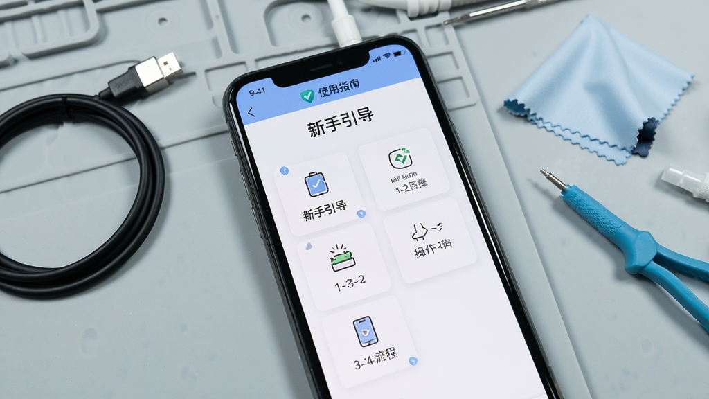 主体为一部手机屏幕展示MY智护的“使用指南”界面,屏幕上方有“新手引导”标题,中间以步骤化卡片形式列出1-2-3-4操作流程,每张卡片有简洁图标。背景为浅灰色工作台,配有手机数据线、清洁工具等元素,风格写实,排版有序,画面明亮清晰,突出实用感,无多余元素