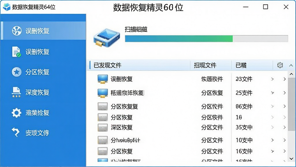 图片居中展示数据恢复精灵64位主界面截图,界面设计简洁清晰,左侧功能列表包含误删恢复、分区恢复、深度恢复等选项,右侧显示磁盘扫描进度条与已发现文件列表,整体风格现代化,采用蓝色与白色为主色调,画质干净,无多余元素,标题文字“数据恢复精灵64位”置于界面顶部。