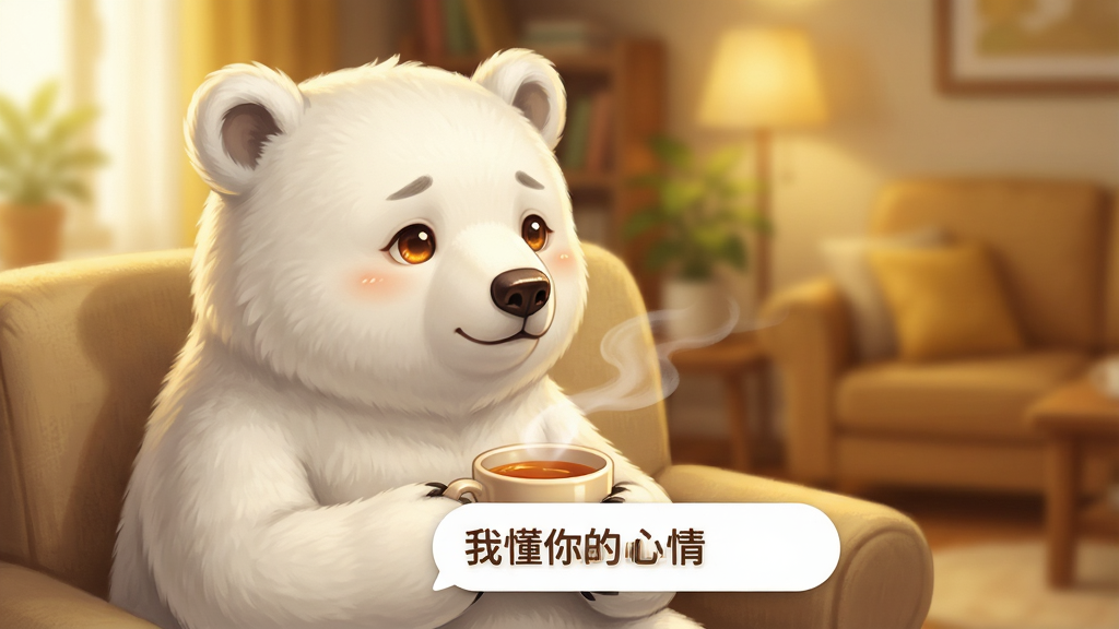 主体:白熊虚拟陪伴社交软件的AI情感陪伴功能界面,一只毛茸茸的白色熊拟人化坐在沙发上,手捧热茶倾听用户心事。布局:前景为虚拟熊的特写,神态温柔专注,身后是模糊的温馨客厅背景,界面下方浮现对话字幕“我懂你的心情”。排版:采用电影感构图,主体居中偏左,对话字幕以白色圆角气泡呈现。风格:温馨治愈系插画风,暖黄色调。细节:虚拟熊耳朵微垂,眼睛泛着温柔的光,茶杯冒出的热气轻轻飘散,画面传递出安心与陪伴感。画质:高分辨率渲染,干净,无多余元素。