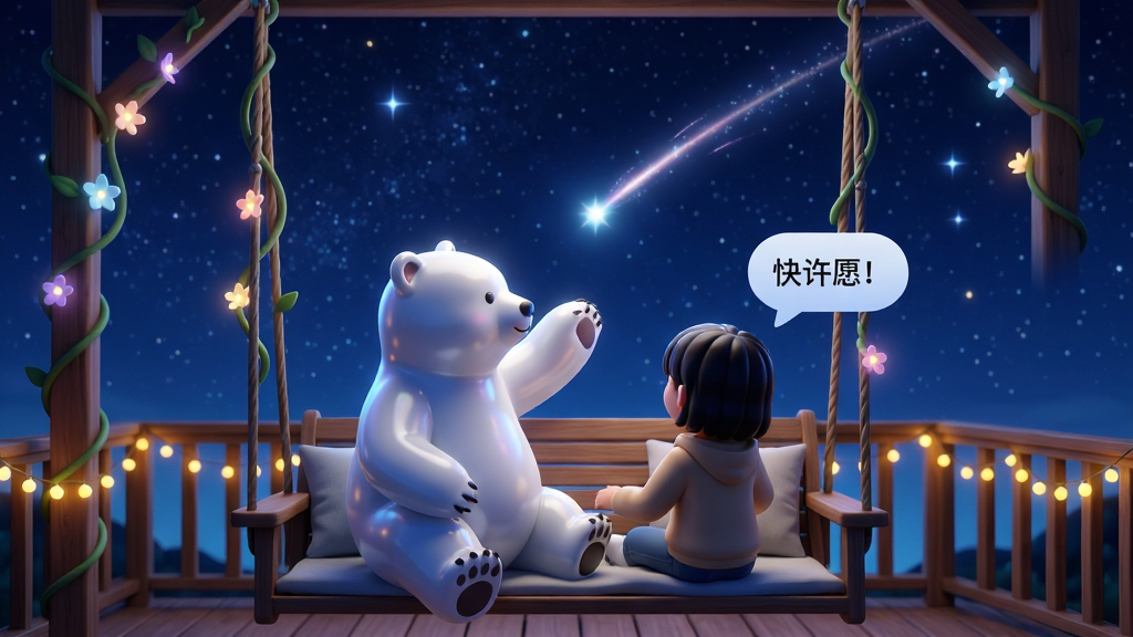主体:白熊虚拟陪伴社交软件的沉浸式场景互动画面,用户与虚拟白熊并肩坐在星空露台的秋千上。布局:画面主体为广阔的星空夜景,下方是木质露台与秋千,白熊正伸手指向天空中的流星,身旁漂浮着对话气泡“快许愿!”排版:远近景结合,人物位于画面中下部,星空占据上部,构图平衡。风格:梦幻唯美风,深蓝色调点缀璀璨星光。细节:白熊毛发光泽细腻,秋千藤蔓缠绕着发光小花,流星拖着长尾巴划过天际,露台栏杆挂着暖黄色小灯串。画质:超清渲染,干净,无多余元素。