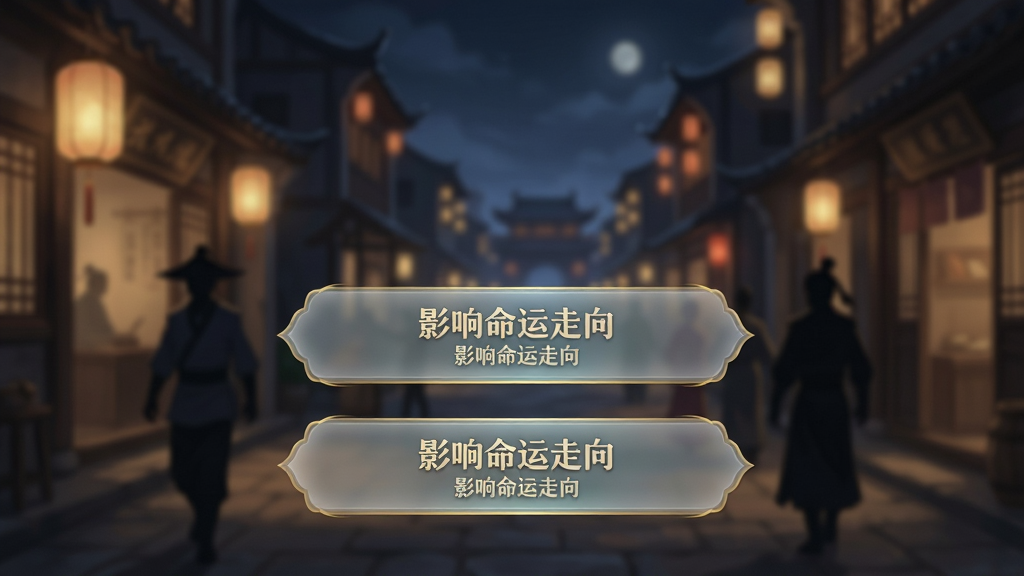 主体:游戏剧情选择界面,屏幕中央出现两个选项按钮,背景为古风街道夜景。布局:选项按钮垂直排列,位于画面下方三分之一处,背景虚化突出按钮。排版:按钮为半透明磨砂质感,文字清晰,色彩与整体画面和谐。风格:古风UI设计,淡雅色调搭配金色描边。细节:按钮上有小字提示“影响命运走向”,背景有灯笼和行人剪影,营造沉浸感。画质:4k超清,干净,无多余元素。