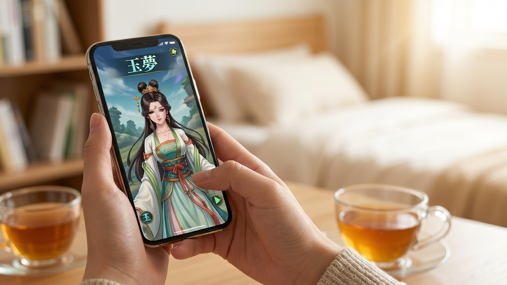 主体:一位玩家手持手机在玩玉,手机屏幕亮起,显示游戏画面,周围环境柔和。布局:手机居中偏左,右侧留白,背景为简洁的书房或卧室。排版:画面聚焦于手机屏幕,突出游戏界面,人物手部动作自然。风格:真实摄影风格,光线明亮柔和,带有一点暖色调。细节:手机屏幕上能清晰看到古风女主角的立绘,屏幕玻璃有轻微反光,桌面上有一杯茶。画质:高清,干净,无多余元素。