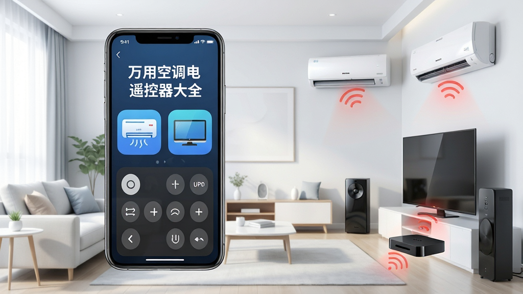 主体:一部智能手机悬浮在客厅中央,屏幕显示“万用空调电视遥控器大全”APP界面,界面中有醒目的空调和电视图标。布局:手机位于画面中心偏左,右侧环绕着空调、电视、机顶盒等家电设备,呈半圆形排列。排版:手机屏幕放大展示,文字清晰可读,背景为简洁的现代家居环境。风格:科技感与生活气息融合,明亮通透的色调。细节:手机屏幕上有模拟遥控按键的图案,家电设备发出微弱的红外连接线示意。画质:高清渲染,干净整洁,无多余元素。