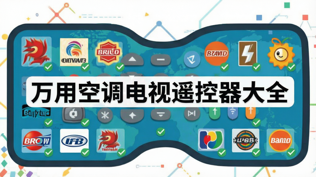主体:一个巨大的遥控器图标,表面展开为地图形状,上面标注着各大空调电视品牌Logo。布局:遥控器图标位于画面中央,品牌Logo以网格状均匀分布其上。排版:整体采用信息图表风格,中央醒目标注“万用空调电视遥控器大全”字样。风格:扁平化设计,色彩明快。细节:每个品牌Logo下方有微小的对勾标记,表示已兼容。画质:清晰矢量风格,干净无多余元素。
